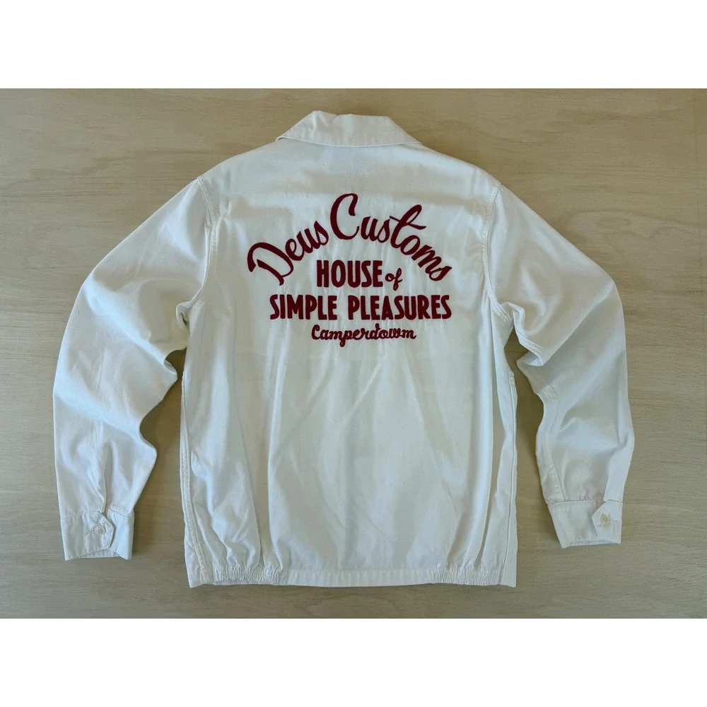 Deus Ex Machina Gulf Drizzler Jacket White Red Embroidered Moto Mechanic - S
